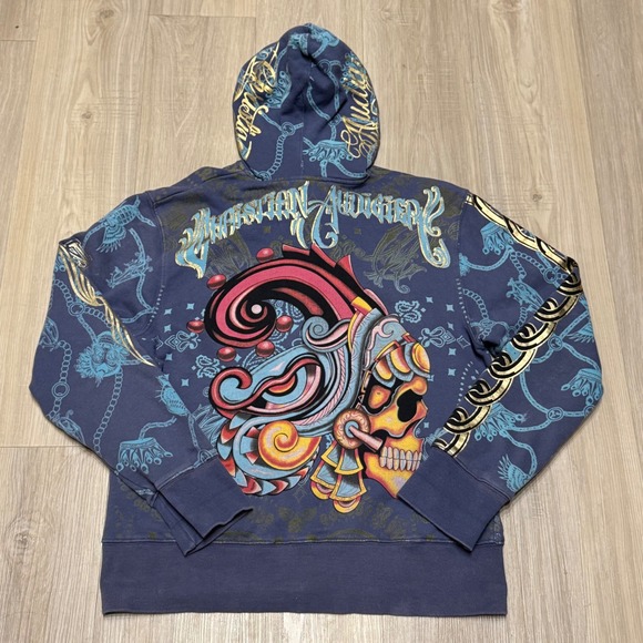 Christian Audigier Ed Hardy Zip Hoodie Skull Graphic Blue Gold Men's Large USA - Picture 6 of 7